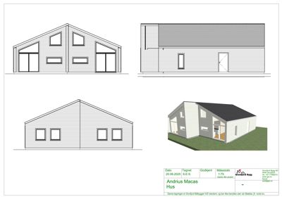 Fasadetegning som viser front- og sideopprikk av en bygning, samt en 3D-visualisering av fasaden.