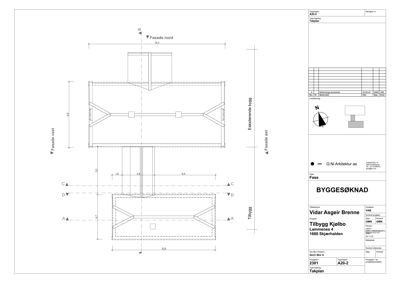 Tegning som viser fasadene (Nord, Vest, Est) og takplanen for en eksisterende bygning.
