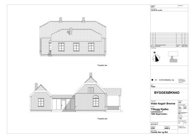 Tegning som viser fasadeopprikk for bygningen sett fra sør og øst.