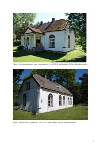 To foton av en hvit, trepanelert bygning (sannsynligvis en skole eller kirke) tatt 10.6.2024. Bildene viser nordsiden med inngangsparti og vest-/sørsiden.