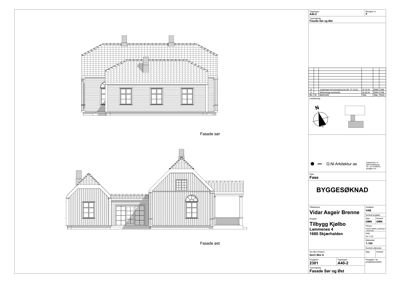 Tegning som viser fasader (sør og øst) for en bygning.