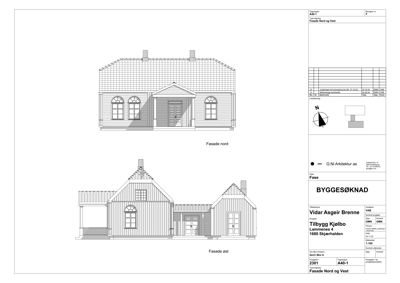 Tegning som viser fasadeopprikk for bygningen sett fra nord og øst.