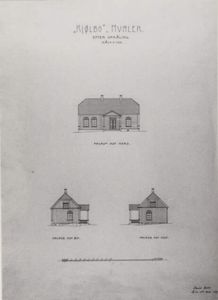 Fasadetegning for bygningen 'Kjølbo' i Møller, som viser fasaden sett mot nord samt to varianter av fasaden sett mot sør og vest.