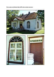 Fotografier av en eksisterende hvit malte hytte med etasjehus, inkludert helhetsbilde og detaljer på vindu og dør.