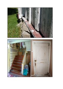 Fotografier av en eksisterende bygning som viser skader på fundamentet (toppen) og interiør med trapp og dør (bunnen).