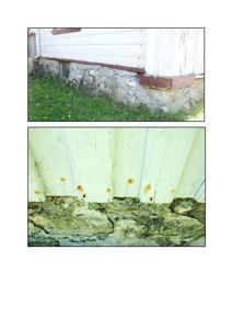 Fotografier av bygningens fundament og nedre del av fasaden, som viser skader på steinfundamentet og rust på festene.