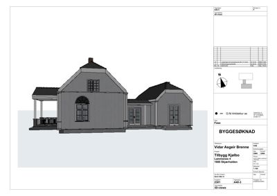 3D-visualisering (rendering) av en bygning sett fra fronten, med tegningsinformasjon i bunnen.