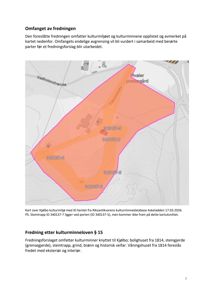 Kart som viser et fredningsområde (Kjølbo kulturmiljø) med overlagte ID-koder og en rosa polygon som markerer grensene.