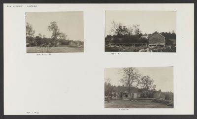 Et ark med tre svart-hvitt-fotografier av en bygning (sannsynligvis et hus eller gård) sett fra ulike vinkler, inkludert omgivelser.
