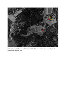 Historisk flyfoto fra 1948 med markerte punkter som viser veiforbindelser og eiendommer.