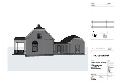 Fasadetegning (opprikk) av en bygning med tilhørende tegningsinformasjon i bunnen.