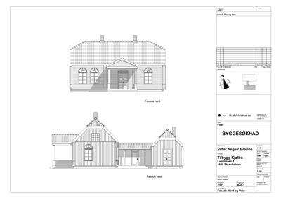 Tegning som viser fasadeopprikk for bygningen sett fra nord og vest.