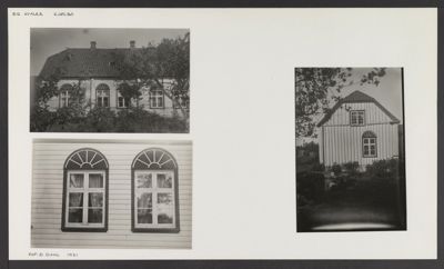 Et fotografiark med tre bilder av en bygning (Kjølbo) fra 1931, inkludert et fasadebilde, et nærbilde av vinduer og et bilde av bygningens side.