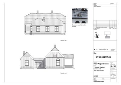 Fasadetegning som viser bygningens utseende sett fra sør og øst.