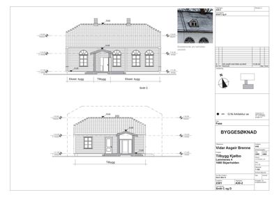 Snittegning (Snitt C og D) som viser bygningens tverrsnitt, høyder, takform og forhold mellom eksisterende og tilbygg.