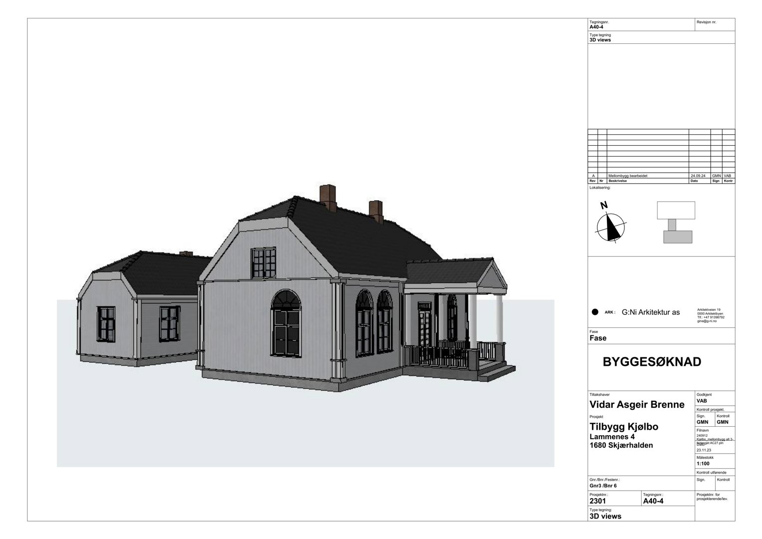 3D-visualisering (rendering) av en bygning sett fra utsiden, med arkitekttegningens tegningsliste til høyre.