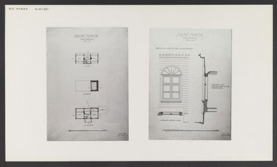 Bildet viser en tegning med detaljerte oppriss av vinduer og dører (f.eks. et vindu med rundbue og en dør), samt mindre planer for romfordeling. Dette er typisk for konstruksjonstegninger eller detaljtegninger.
