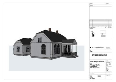 3D-visualisering (rendering) av en bygning med fasadetegning og teknisk informasjonsskjema.