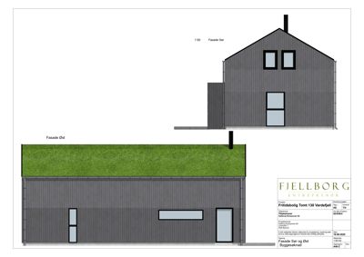 Fasadetegning som viser bygningens utseende fra øst og sør, inkludert vinduer, dører og takform.