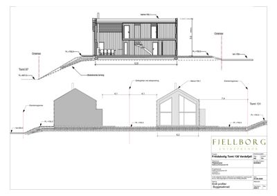 Snittegning som viser bygningens tverrsnitt, høyder, terrengforhold og forhold til nabotomter.