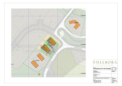 Situasjonsplan som viser tomtens plassering i forhold til nabolag, veier (Vardetefjellvegen) og grunneiersgrenser.