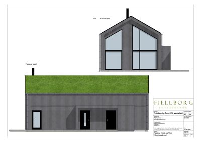 Fasadetegning som viser bygningens utseende fra to sider (Nord og Vest).