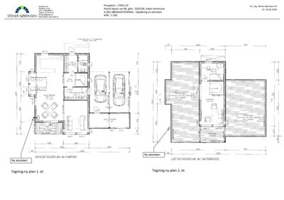 Plantegning som viser romfordeling og dimensjoner for hovedetasjen (med carport) og loftsetasjen (med takterrasse) av en bygning.