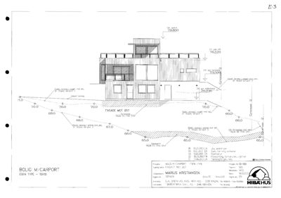 Fasadetegning (opprikk) av en bolig med carport sett fra øst, med høydemål og terrengforhold.
