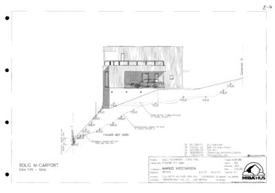 Fasadetegning som viser bygningens utseende sett fra nord, inkludert etasjeplan, takform og terrengforhold.