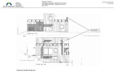 Tegning som viser fasadeoppsett for en bygning sett fra vest og sør, inkludert vinduer, dører og høydemål.