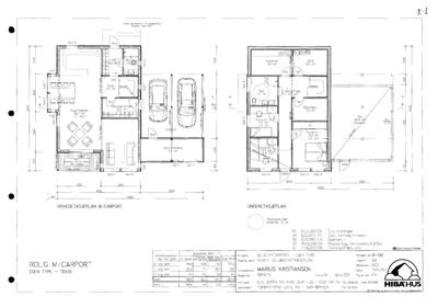 Bildet viser to etasjeplaner (hovedetasje og underetasje) for en bolig med carport, inkludert romfordeling, dimensjoner og bilplassering.