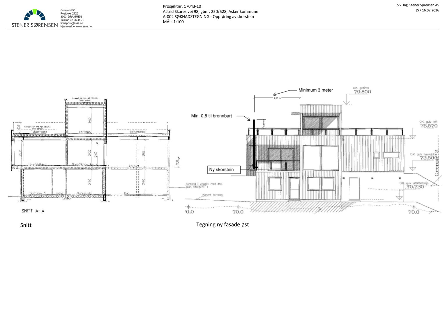 Tegning som viser snitt (Snitt A-A) og fasade (Tegning ny fasade øst) for en bygning med ny skorstein.