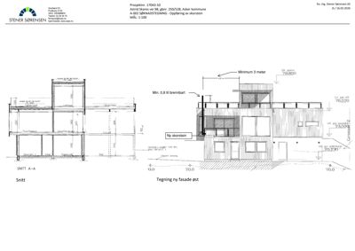Tegning som viser snitt (Snitt A-A) og fasade (Tegning ny fasade øst) for en bygning med ny skorstein.