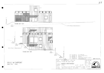 Tegning som viser fasadeoppsettet for en bolig (Fasade mot vest og fasade mot sør) med høydemål og terrassering.