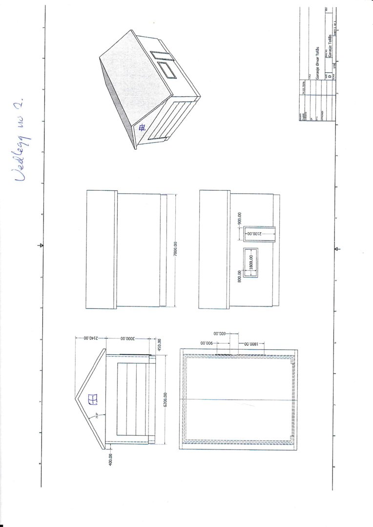 Fasadetegning med oppriss av bygning sett fra tre ulike vinkler (front, side og takperspektiv) med mål.