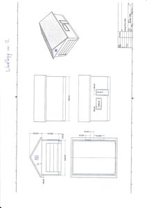 Fasadetegning med oppriss av bygning sett fra tre ulike vinkler (front, side og takperspektiv) med mål.