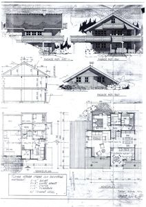 Bildet viser fasadetegninger for en hytte sett fra tre sider (mot syd, øst og vest), samt en sokkelplan og hovedplan.