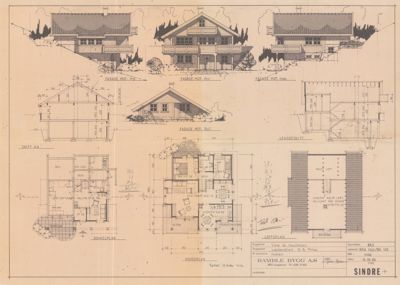 En samling tegninger som viser fasader, snitt og etasjeplaner (Hovedplan, Soveplan, Løftplan) for en bolig.