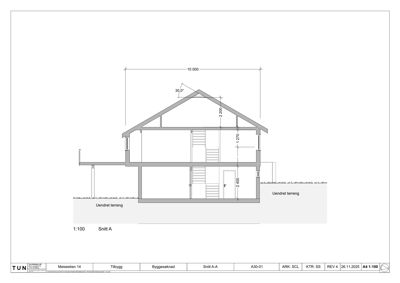 Snittegning (Snitt A-A) som viser tverrsnittet av en bygning med mål på høyder, takhøyde og romfordeling.