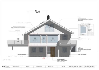 Fasadetegning som viser oppriss av en bygning sett fra siden (Sør), med detaljer om vinduer, dører, tak og fasadbekledning.