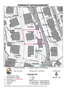 Forenklet situasjonskart som viser eiendomsgrenser, naboeiendommer, vegnett og infrastruktur for eiendommen 133/405 i Horten.