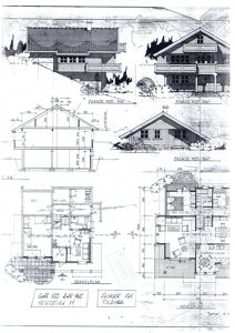 En tegning som viser fasadeoppsett (mot syd og vest) og et snitt (T AA) av en bygning, samt et hovedplan med romfordeling.