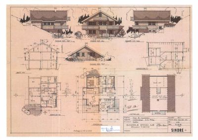 En tegning som viser etasjeplaner (Hovedplan, Sørsklep, Løftplan) og fasadeopprikk for en bolig.