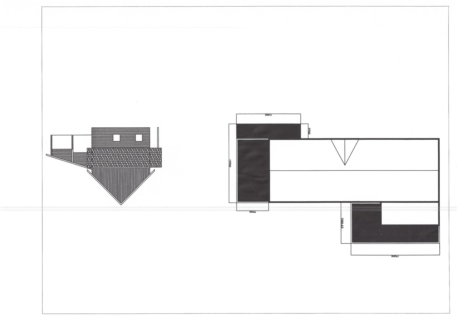 Bildet viser en tegning av en fasade (opprikk) sett fra siden, med en mindre tegning av en annen fasade eller detalj under. Tegningen er rotasjon 90 grader.