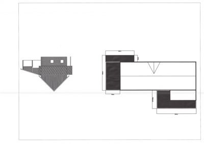 Bildet viser en tegning av en fasade (opprikk) sett fra siden, med en mindre tegning av en annen fasade eller detalj under. Tegningen er rotasjon 90 grader.