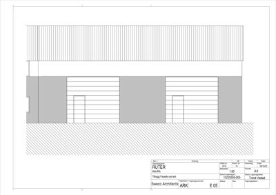 Fasadetegning som viser oppriss av bygningens yttervegg med vinduer, dører og fasadefasonger.