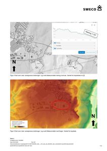 Bildet viser to kart (Figur 4 og Figur 5) som illustrerer høydeforskjeller (skråninger) i et område. Figur 4 er et svart-hvitt kart med en profilgraf, mens Figur 5 er et farget kart (topografi) med en markert bygning.