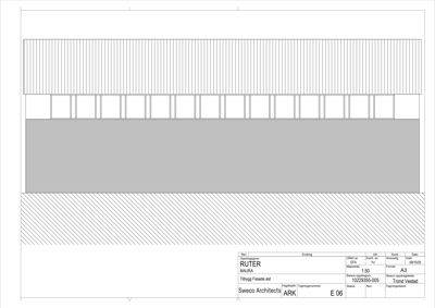 Fasadetegning som viser bygningens ytre utseende med vinduer og takkonstruksjon.
