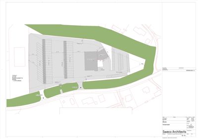 Situasjonsplan som viser tomtens grenser, bygningers plassering, veier og arealoppdelinger.