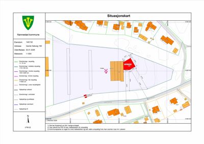 Situasjonskart som viser eiendomsforhold, naboeiendommer og veiutforming for eiendommen Gamle Dalsveg 160 i Nannestad kommune.